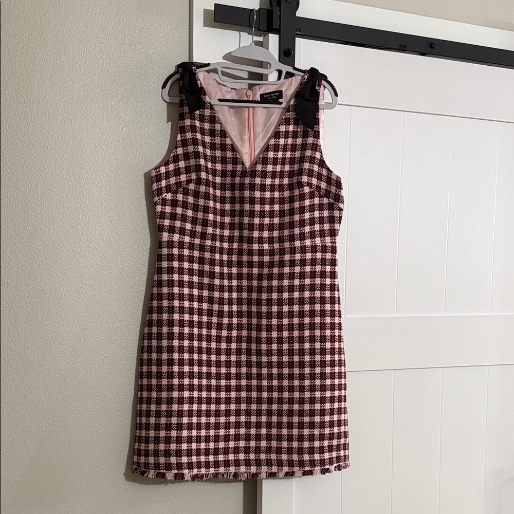 Super cute Kate Spade Pink and Burgundy Gingham Mini Dress with Bow Straps